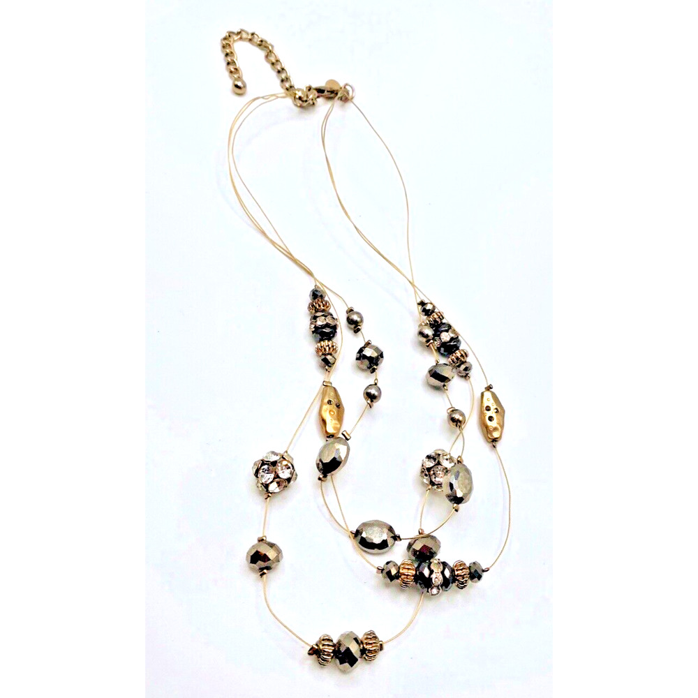 Chicos Two Tone Station Illusion Necklace Triple Strand Rhinestones 16-18"